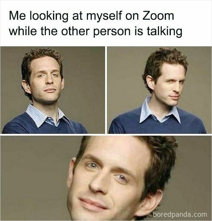 Man making funny faces during Zoom call, illustrating a relatable moment in work from home memes.