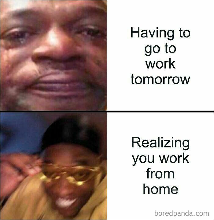 Man showing sadness then excitement, contrasted with text about going to work and realizing working from home in funny WFH memes.