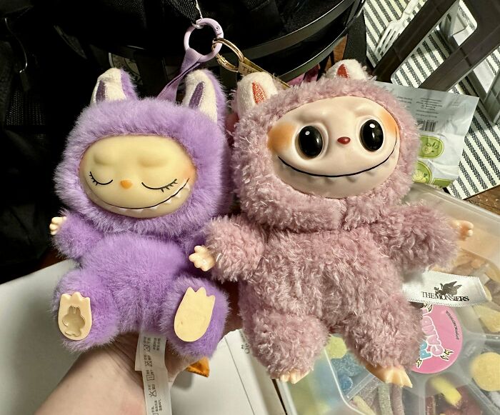 Two creepy Labubus fake plush toys, one purple with closed eyes and one pink with large open eyes, shown hanging indoors.