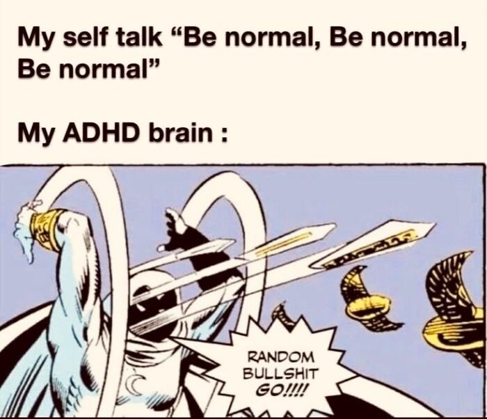 Cartoon showing ADHD brain rejecting normality with random impulsive actions, relatable for neurodivergents.