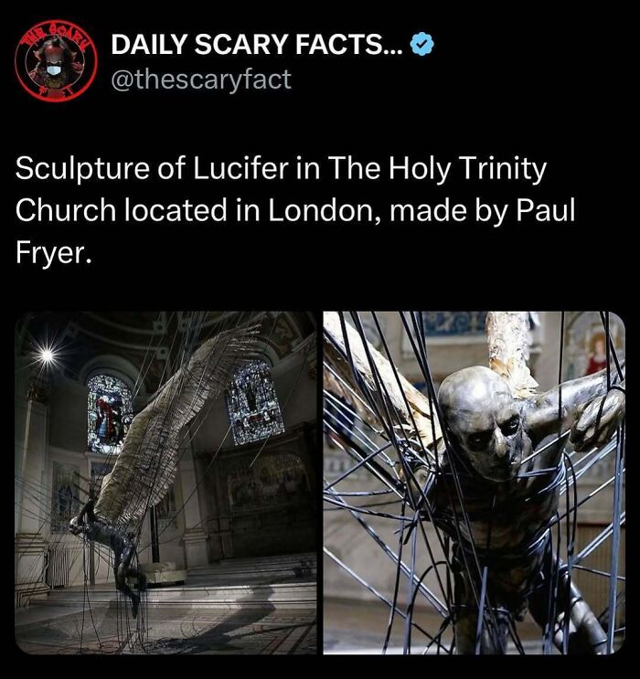 Sculpture of Lucifer in The Holy Trinity Church London with dark, eerie atmosphere and intricate wings and wires details.