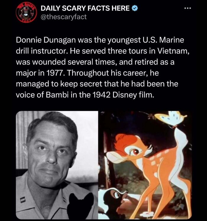 Black and white photo of Donnie Dunagan beside a scene from Bambi, illustrating a scary fact about his secret voice role in the Disney film.