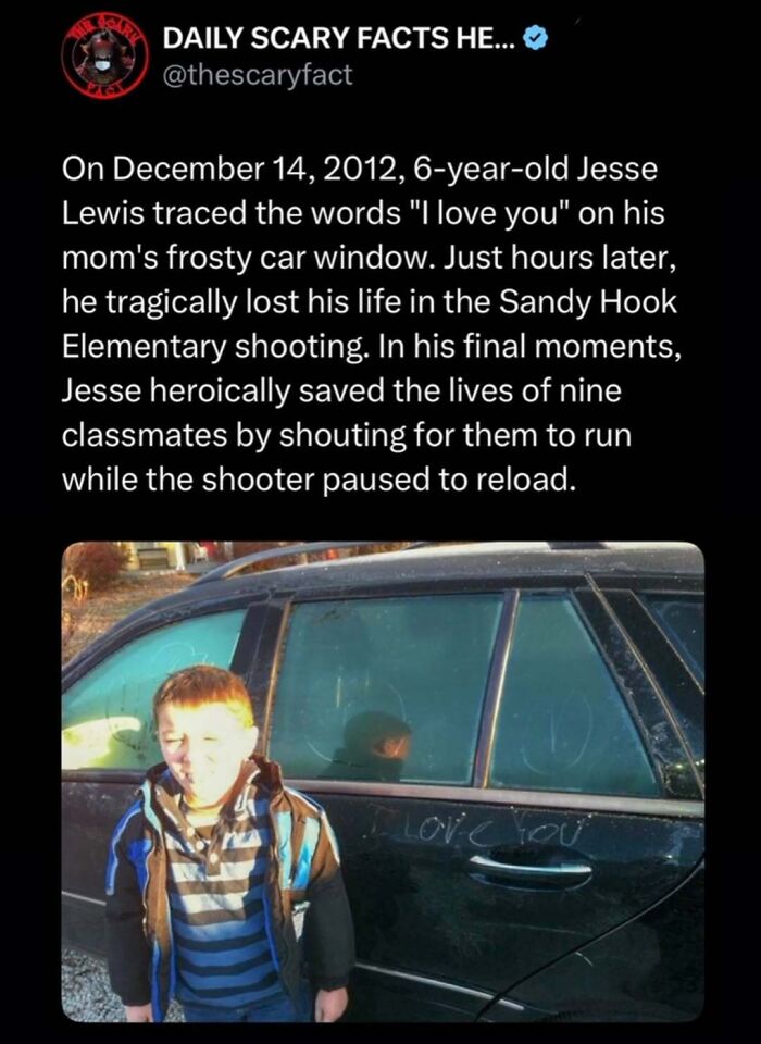 Screenshot of a scary fact post about a heroic 6-year-old boy in a tragic shooting, illustrating scary fact and darkness.