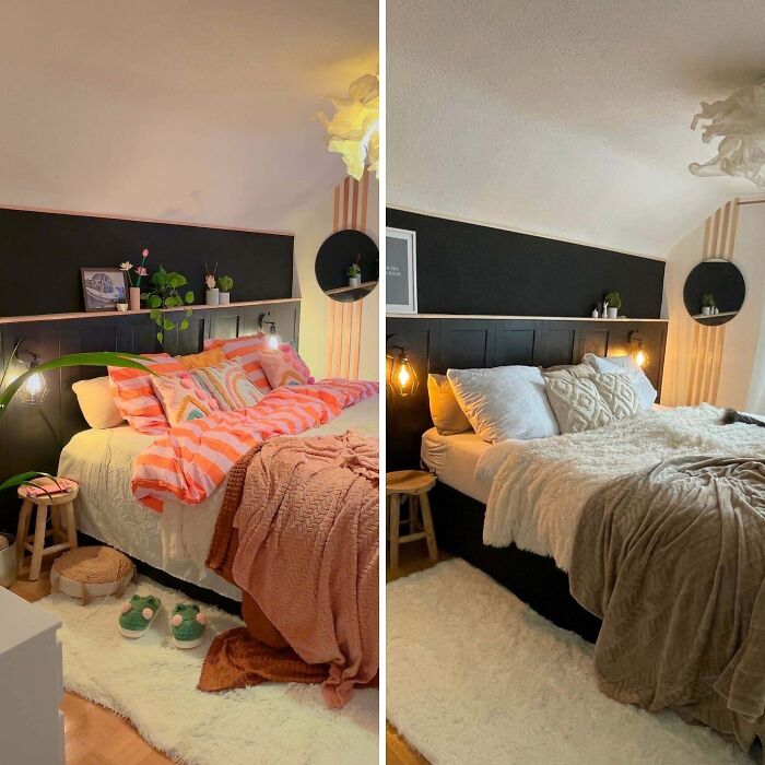 Side-by-side image showing a bedroom revamp with new bedding, lighting, and decor as part of a living space makeover.