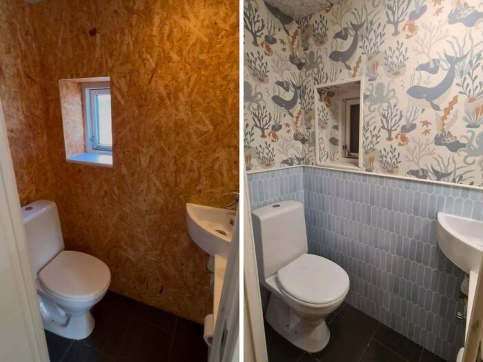 Before and after living space revamp showing a bathroom transformation with new wallpaper and tiles.