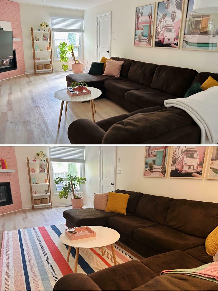 Living space revamped with new colorful rug, dark sectional sofa, indoor plant, and decorative wall art in cozy modern room.