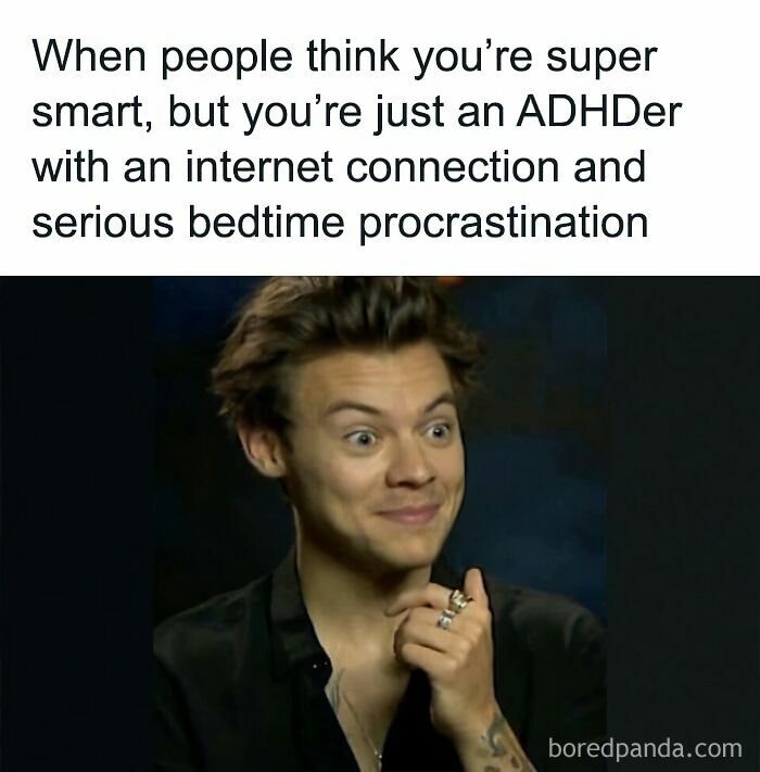 Man with a surprised expression representing ADHD humor and bedtime procrastination, relatable to neurodivergents online.