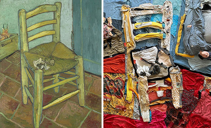 Side-by-side comparison of Vincent van Gogh’s chair painting recreated using fabric and creativity by an artist.