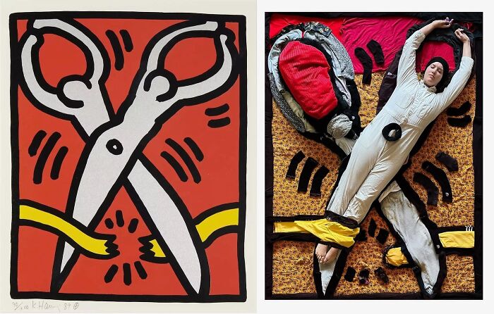 Fabric art recreation of a famous Keith Haring masterpiece with a person posing as part of the fabric design.