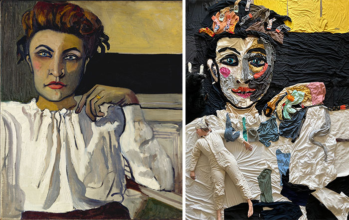 Side-by-side comparison of a classic portrait and its creative fabric recreation by an artist using fabric and creativity.