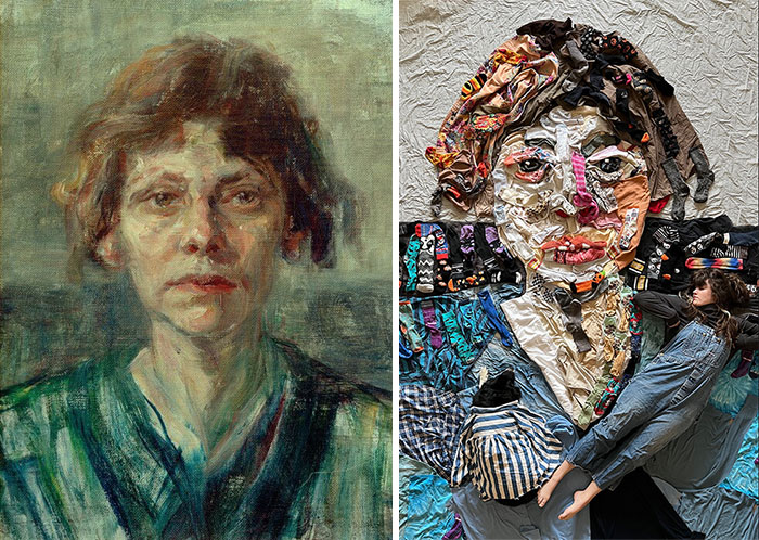 Side-by-side comparison of a classic portrait and an artist's fabric recreation of the masterpiece with creative details.