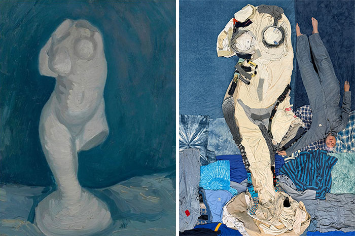 Classic statue recreated with fabric and clothing, showcasing artistic creativity in fabric masterpiece recreation.