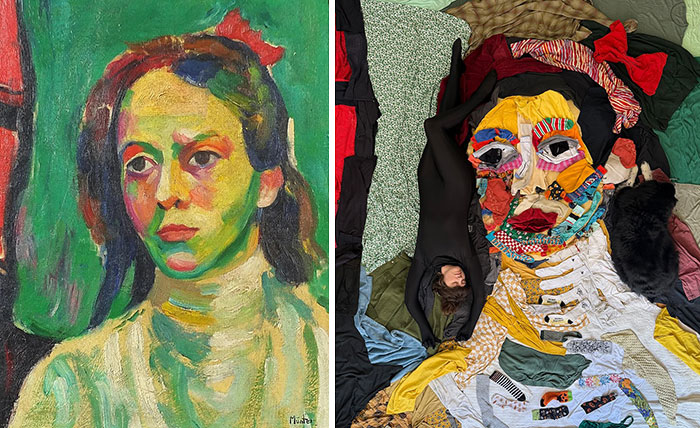 Side-by-side of a painted portrait and an artist recreating it using fabric and creativity in vibrant colors.