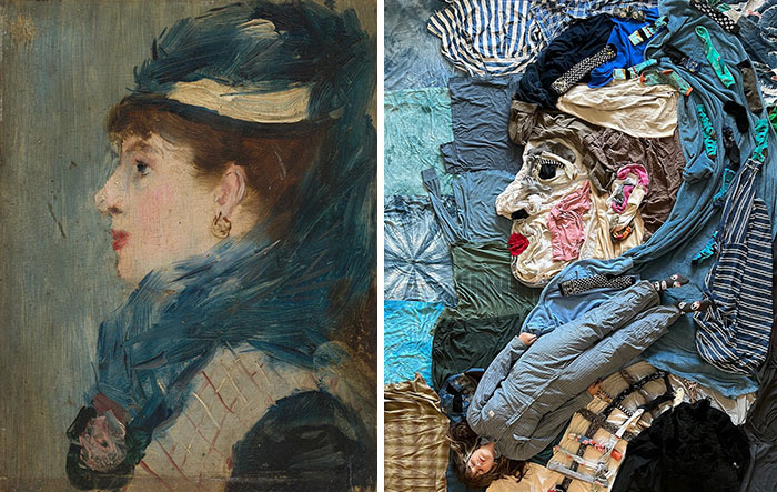 Fabrics arranged to creatively recreate a classic masterpiece portrait, showcasing innovative fabric art skill.