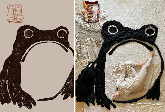 Artist recreates frog masterpiece using fabric and creativity, featuring person and dog posing within fabric art circle.