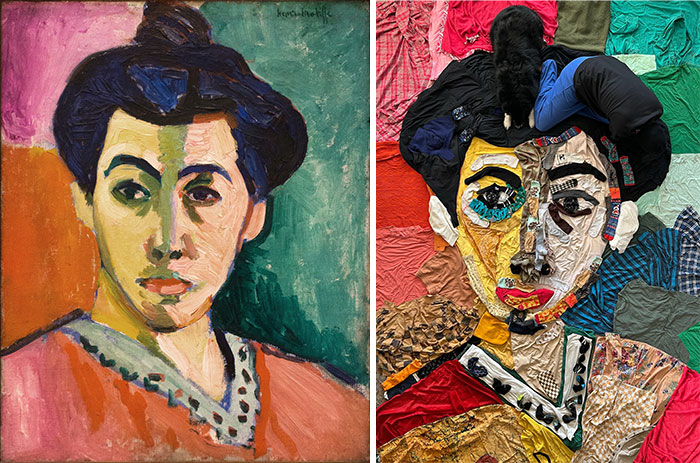 Side-by-side comparison of a famous painting and an artist’s fabric recreation showcasing creativity and fabric art mastery.