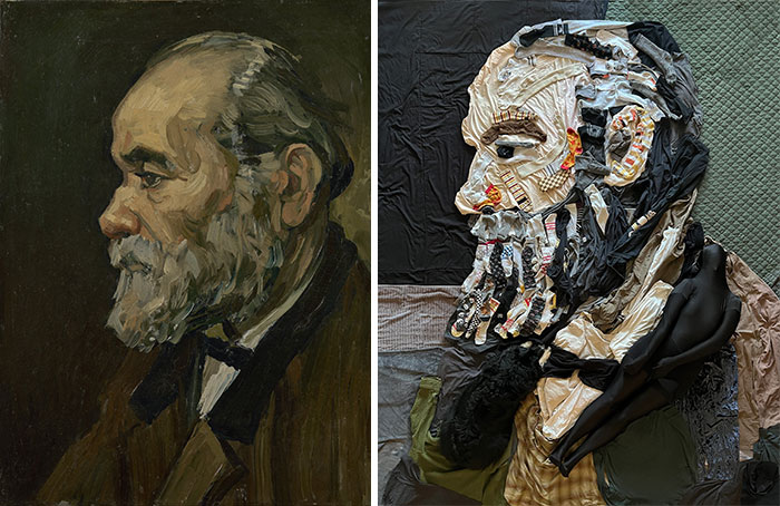 Side-by-side comparison of a painted masterpiece and an incredible recreation made from fabric and creativity.