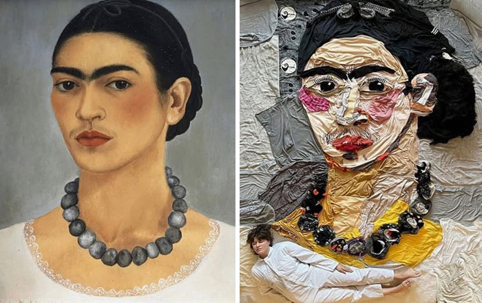 Side-by-side comparison of a classic portrait and an artist’s fabric recreation showcasing creativity and fabric art.