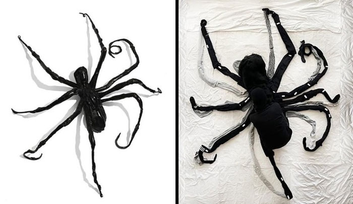 Fabric art recreation of a spider masterpiece with detailed limbs, showcasing creativity and skill using only fabric materials.