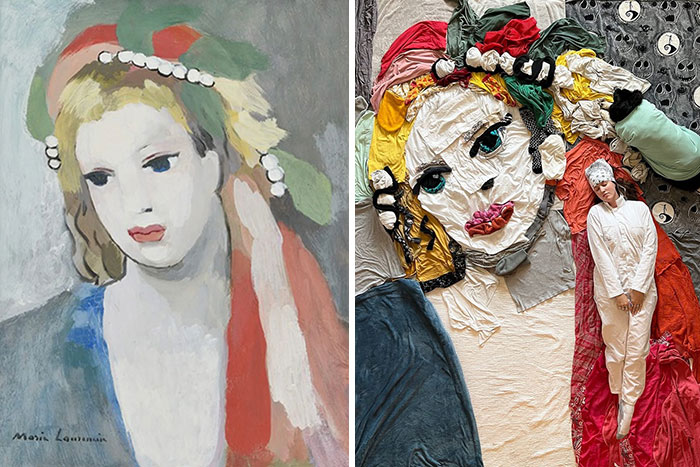 Side-by-side of a classic painting and an artist's fabric recreation showcasing creativity and fabric art mastery.
