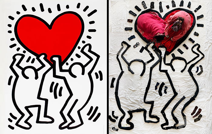 Side-by-side comparison of iconic artwork recreated using fabric and creativity featuring two figures holding a red heart.