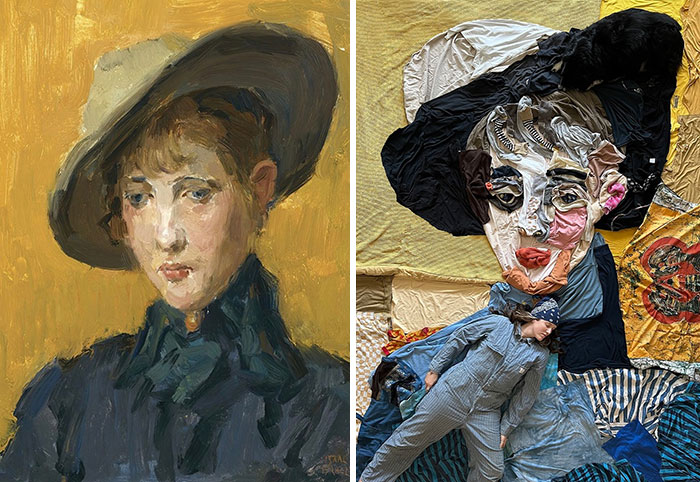 Side-by-side image showing a classic portrait painting and a fabric recreation of the masterpiece with a person posing.