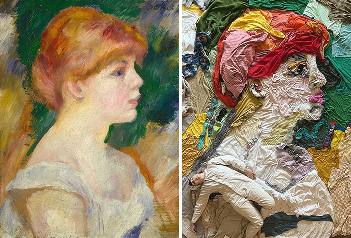 Side-by-side comparison of a classic painting and its recreation using fabric and creativity by an innovative artist.
