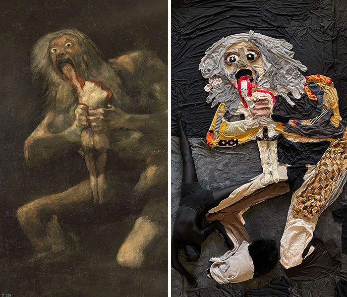 Side-by-side comparison of a dark masterpiece and its recreation using fabric and creative textile art.