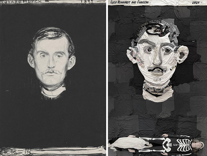 Side-by-side comparison of a classic portrait and an artist's fabric recreation showing creativity with fabric masterpieces.