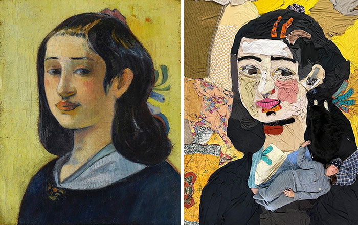 Side-by-side comparison of a classic portrait and an artist’s fabric recreation showcasing creativity and fabric art masterpieces.