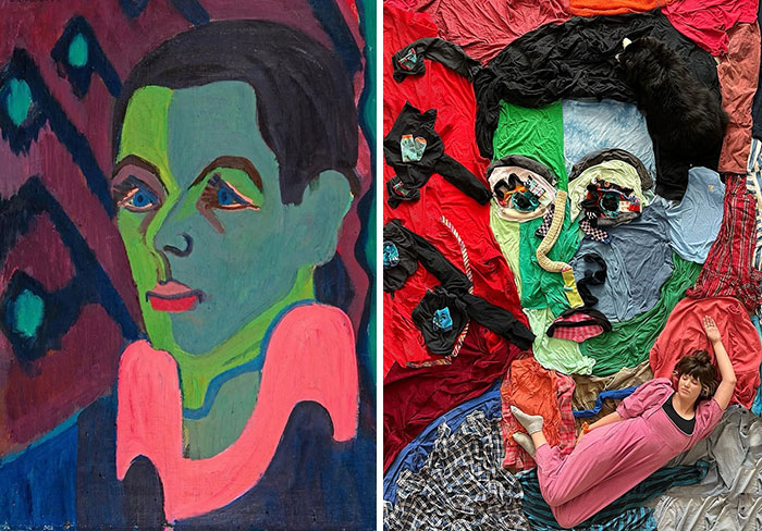 Fabric art recreation of a colorful portrait masterpiece using clothes, creativity, and a person posing as part of the design.