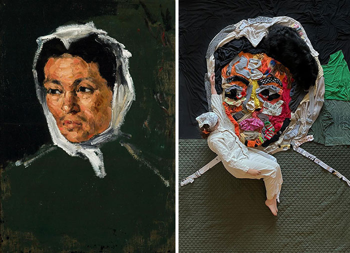 Side-by-side comparison of a classic portrait and a fabric recreation demonstrating creativity and fabric artistry.