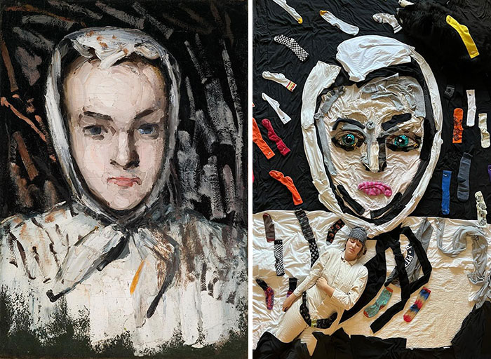 Side-by-side comparison of a classic portrait and an artist’s fabric recreation showcasing creativity and fabric art masterpieces.