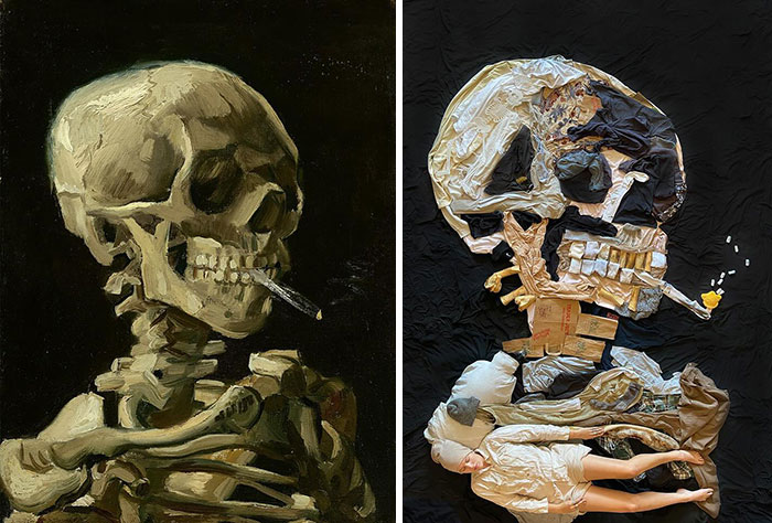 Side-by-side comparison of a classic skull painting and an artist’s fabric recreation showcasing creativity and fabric art.