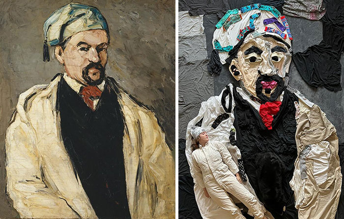 Recreation of a classic artwork using fabric and creativity, with a person posing beside the fabric masterpiece.