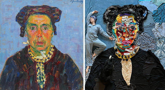 Side-by-side comparison of a classic painting and a fabric recreation showcasing artist creativity with fabric masterpieces.