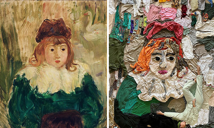 Side-by-side view of a classic painting and its fabric recreation by an artist using creativity and fabric materials.