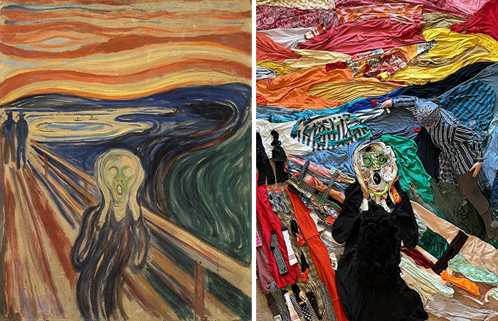 Side-by-side comparison of the painting The Scream and an artist’s fabric recreation using clothes and creativity.