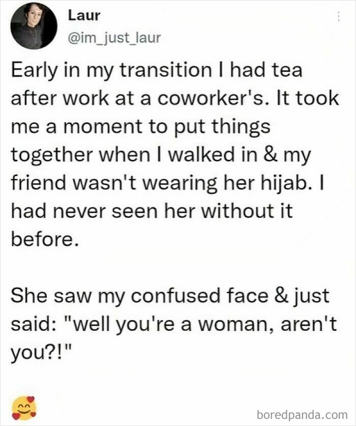 Tweet from Laur sharing a touching transition story reflecting wholesome people moments that make the world a better place.