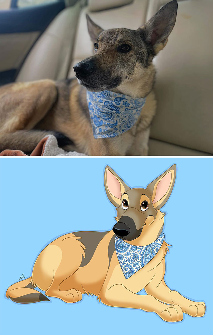 German shepherd wearing a blue patterned bandana transformed into a Disney-style pet character illustration.