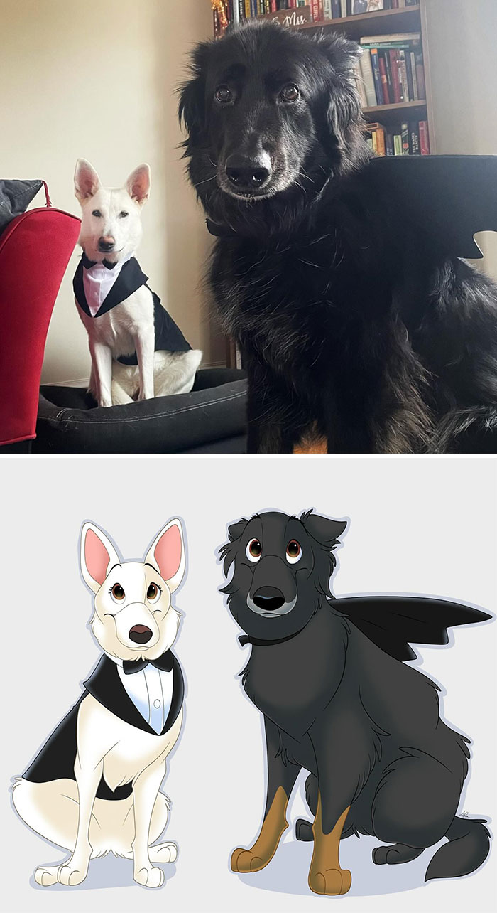 Two dogs dressed up and their Disney-style character illustrations by artist transforming beloved pets.