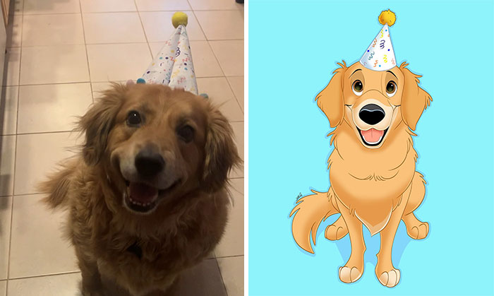 Golden retriever wearing a party hat transformed into a Disney-style character illustration with joyful expression.