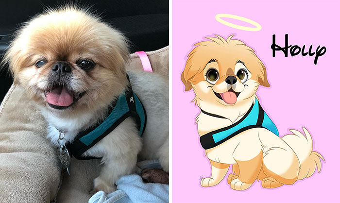 Small happy dog wearing a blue harness transformed into a Disney-style pet character with a halo and pink background.