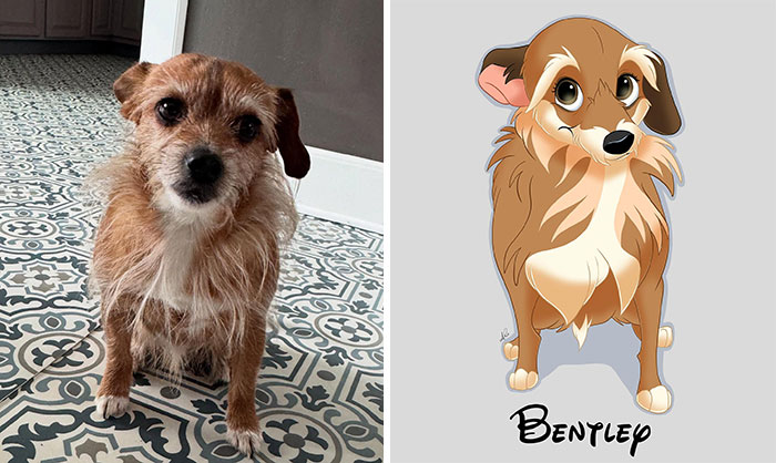 A beloved pet dog transformed into a Disney-style character, showcasing artistic pet character design.