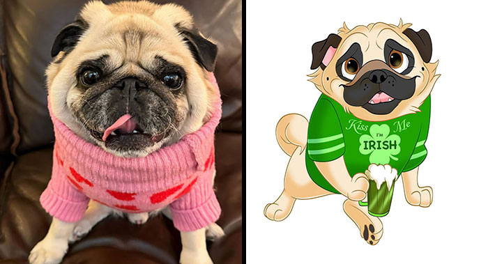 A pug wearing a pink sweater next to a Disney-style cartoon of the same pug in a green Irish-themed outfit.