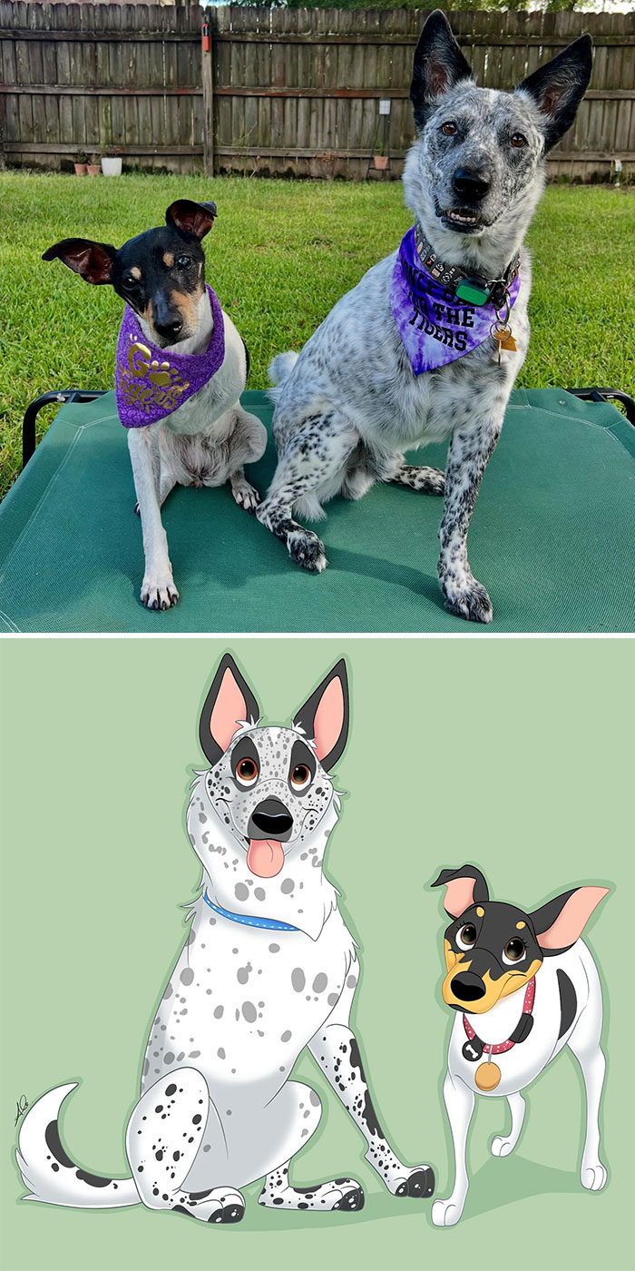 Two beloved pets photographed outside and transformed into Disney-style characters in colorful digital art.