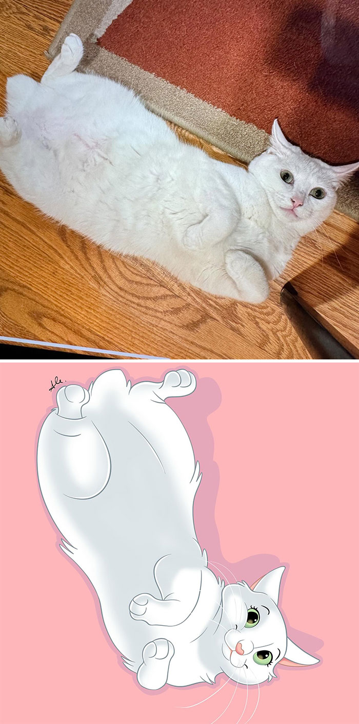 White cat lying on wooden floor next to Disney-style digital illustration of the same cat on pink background.