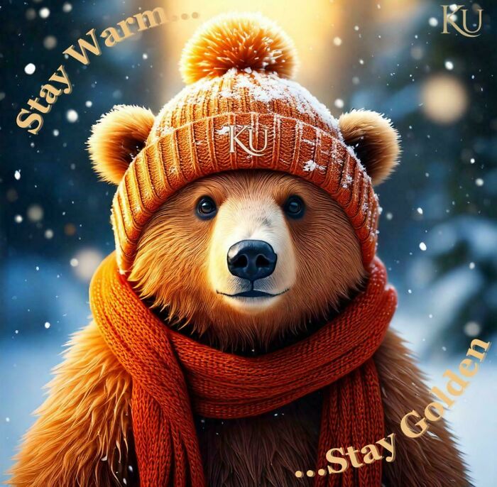 Bear in cozy orange hat and scarf in snowy scene emphasizing schools not created equal or great.