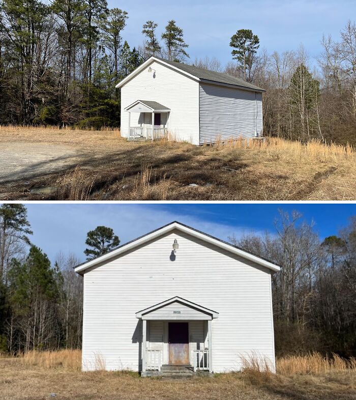 Abandoned white building in a clearing surrounded by forest, evoking creepy and terrifying things found in the forest.
