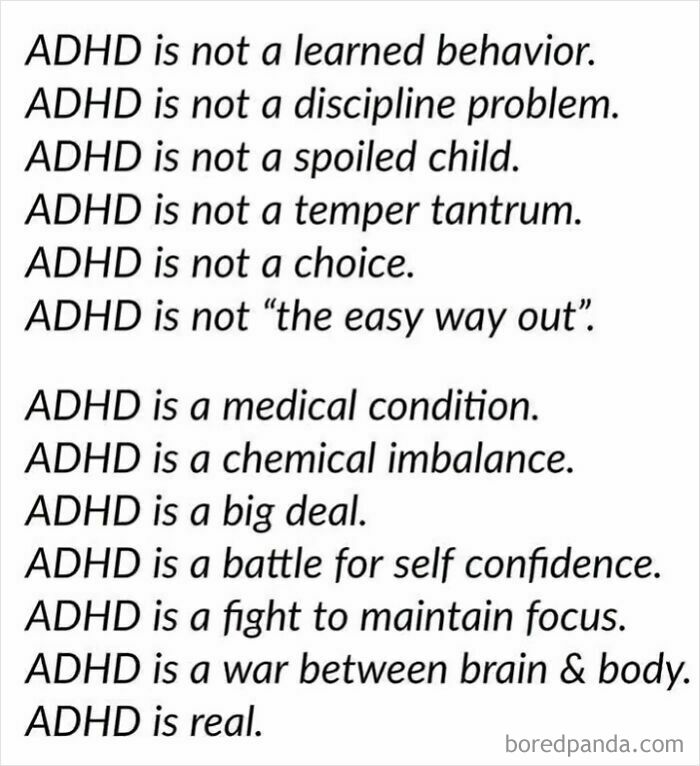 Text image listing common ADHD misconceptions and truths, highlighting neurodivergents' experiences with focus and self-confidence struggles.